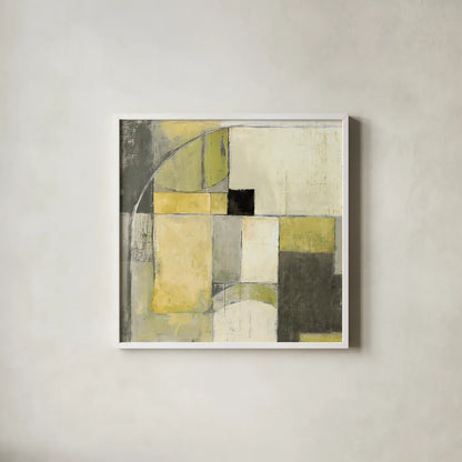 Blues Before Sunrise Yellow and Grey by Mike Schick. Shown in a crisp white glass frame for a clean and minimalist style. Available as an archival giclee rolled canvas, fine art paper, or poster print. SKU 11477a.