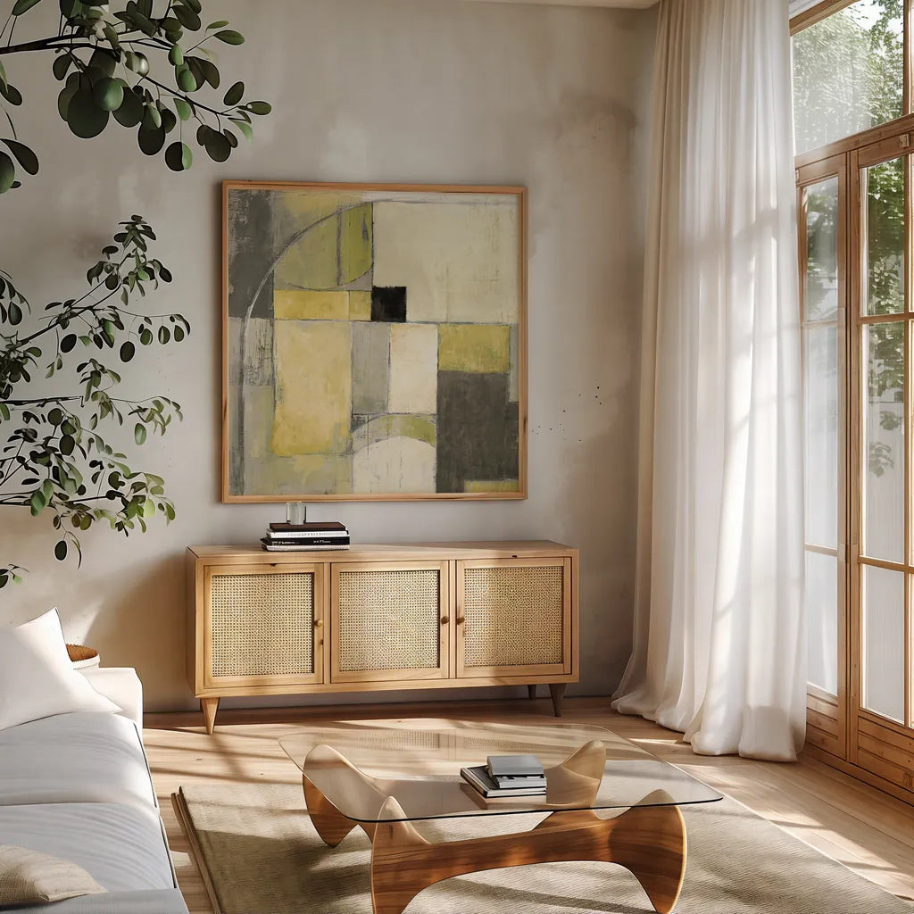 Blues Before Sunrise Yellow and Grey by Mike Schick. Shown in a natural wood frame in a cozy modern living room. Available as an archival giclee rolled canvas, fine art paper, or poster print. SKU 11477a.