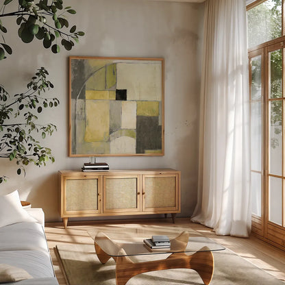 Blues Before Sunrise Yellow and Grey by Mike Schick. Shown in a natural wood frame in a cozy modern living room. Available as an archival giclee rolled canvas, fine art paper, or poster print. SKU 11477a.