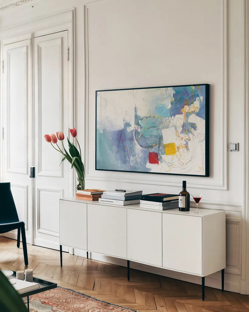 Breakout I by Mike Schick. shown as a framed stretched canvas in a living room above a console. Available as a archival giclee rolled canvas, fine art paper, or poster print. SKU 64648i.