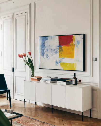 Breakout II by Mike Schick. shown as a framed stretched canvas in a living room above a console. Available as a archival giclee rolled canvas, fine art paper, or poster print. SKU 64649i.