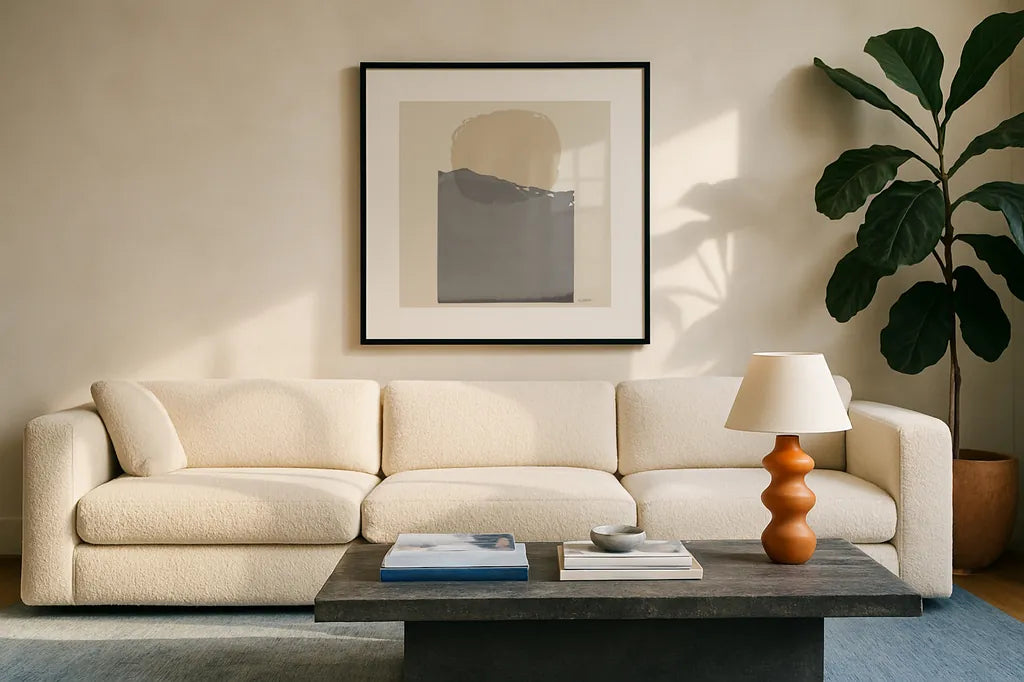 Buoyant Neutral Crop by Mike Schick. Displayed in a glass frame with matte in a clean modern living room. Available as an archival giclee rolled canvas, fine art paper, or poster print. SKU 70244a.