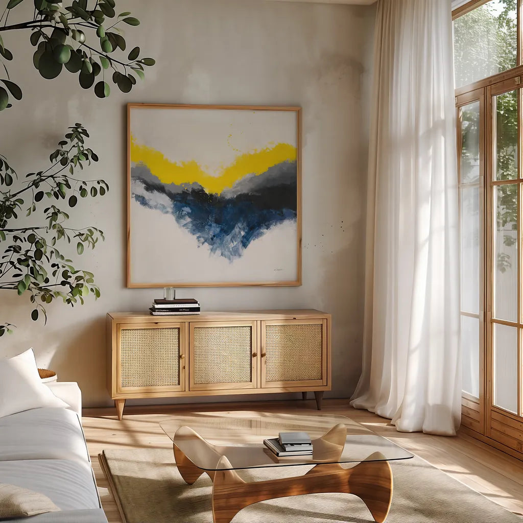 Cascade by Mike Schick. Shown in a natural wood frame in a cozy modern living room. Available as an archival giclee rolled canvas, fine art paper, or poster print. SKU 69651a.