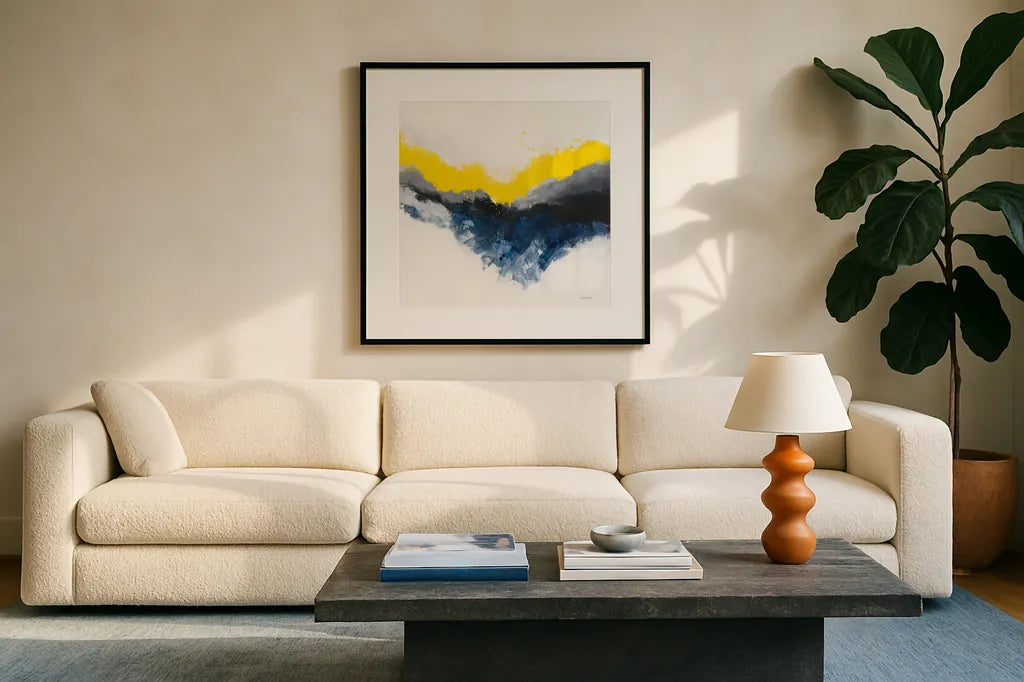 Cascade by Mike Schick. Displayed in a glass frame with matte in a clean modern living room. Available as an archival giclee rolled canvas, fine art paper, or poster print. SKU 69651a.