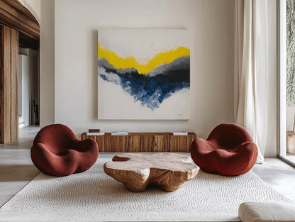 Cascade by Mike Schick. Shown as extra-large giant wall art in a modern living room. Available as an archival giclee rolled canvas, fine art paper, or poster print. SKU 69651a.