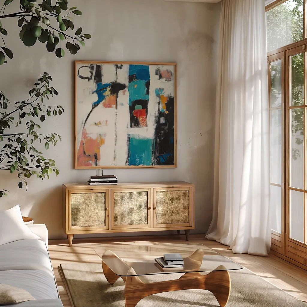 Catalina I by Mike Schick. Shown in a natural wood frame in a cozy modern living room. Available as an archival giclee rolled canvas, fine art paper, or poster print. SKU 18921a.