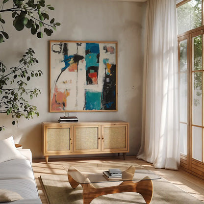 Catalina I by Mike Schick. Shown in a natural wood frame in a cozy modern living room. Available as an archival giclee rolled canvas, fine art paper, or poster print. SKU 18921a.