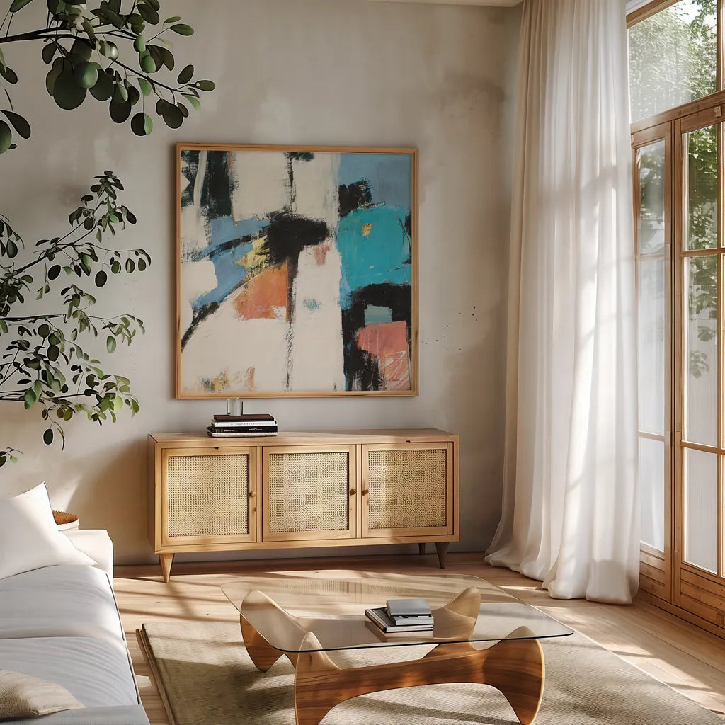 Catalina I Cool Chromatic by Mike Schick. Shown in a natural wood frame in a cozy modern living room. Available as an archival giclee rolled canvas, fine art paper, or poster print. SKU 26505a.