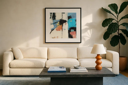 Catalina I Cool Chromatic by Mike Schick. Displayed in a glass frame with matte in a clean modern living room. Available as an archival giclee rolled canvas, fine art paper, or poster print. SKU 26505a.
