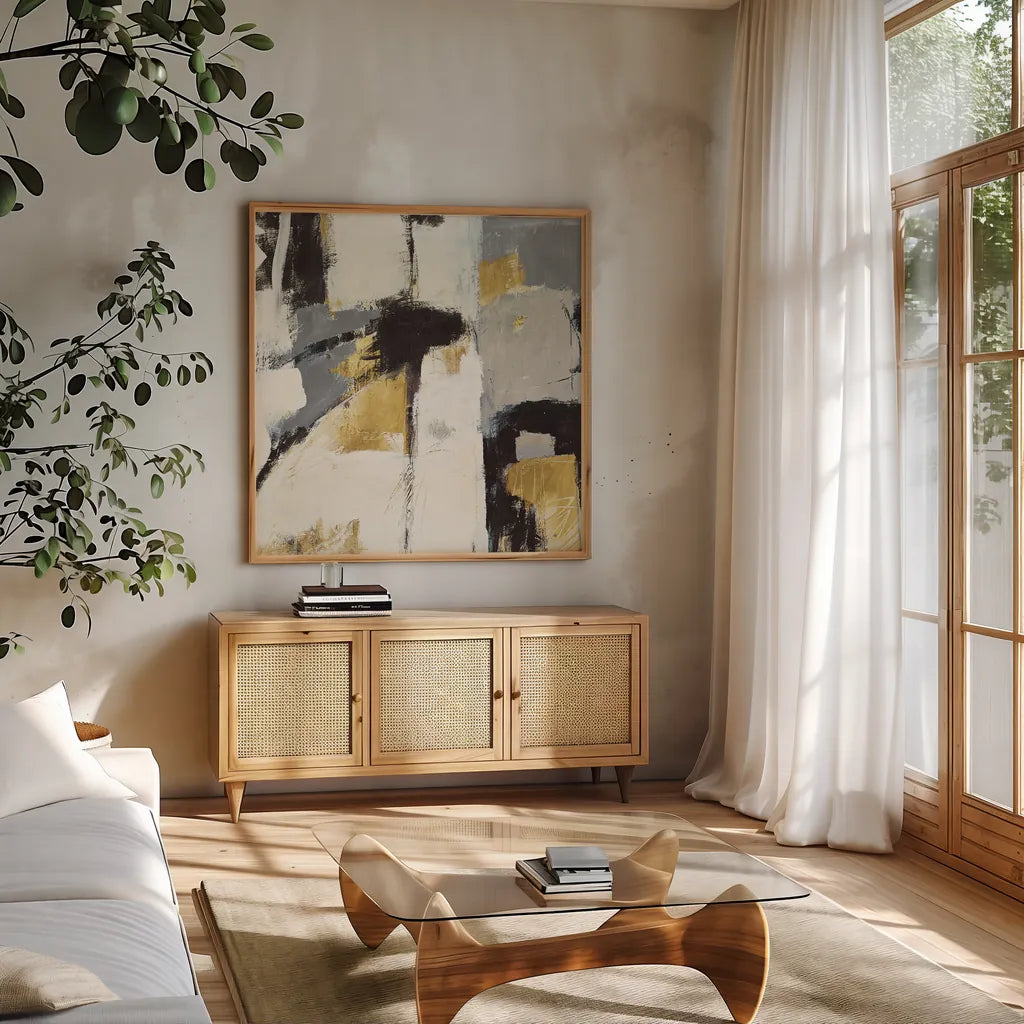 Catalina I Gold by Mike Schick. Shown in a natural wood frame in a cozy modern living room. Available as an archival giclee rolled canvas, fine art paper, or poster print. SKU 34241a.