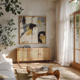 Catalina I Gold by Mike Schick. Shown in a natural wood frame in a cozy modern living room. Available as an archival giclee rolled canvas, fine art paper, or poster print. SKU 34241a.
