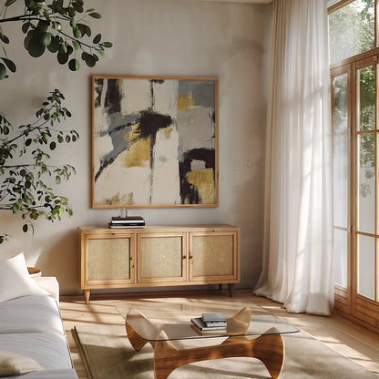 Catalina I Gold by Mike Schick. Shown in a natural wood frame in a cozy modern living room. Available as an archival giclee rolled canvas, fine art paper, or poster print. SKU 34241a.