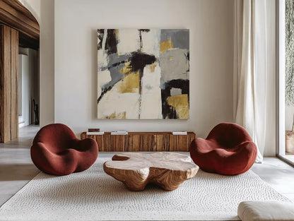Catalina I Gold by Mike Schick. Shown as extra-large giant wall art in a modern living room. Available as an archival giclee rolled canvas, fine art paper, or poster print. SKU 34241a.
