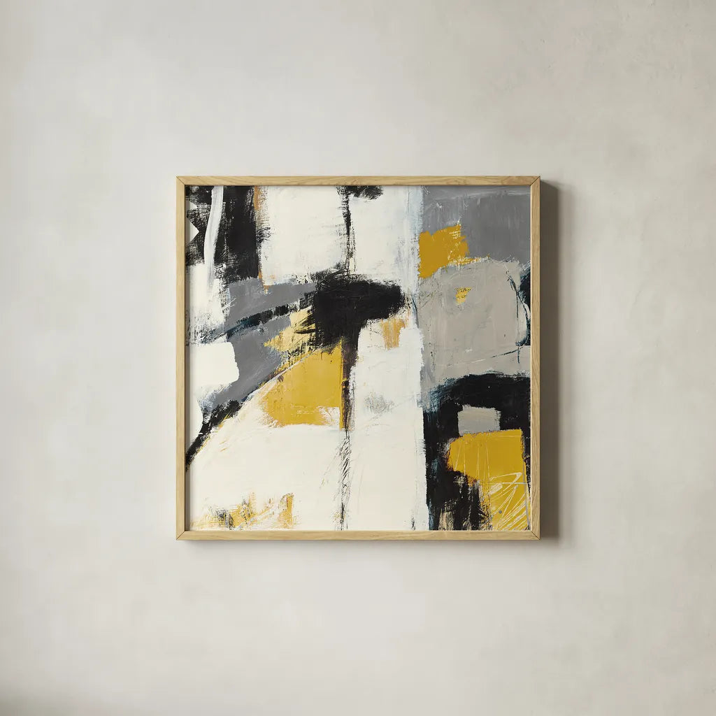 Catalina I Yellow by Mike Schick. Shown in a natural wood glass frame for a timeless modern aesthetic. Available as an archival giclee rolled canvas, fine art paper, or poster print. SKU 6612a.