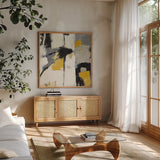Catalina I Yellow by Mike Schick. Shown in a natural wood frame in a cozy modern living room. Available as an archival giclee rolled canvas, fine art paper, or poster print. SKU 6612a.