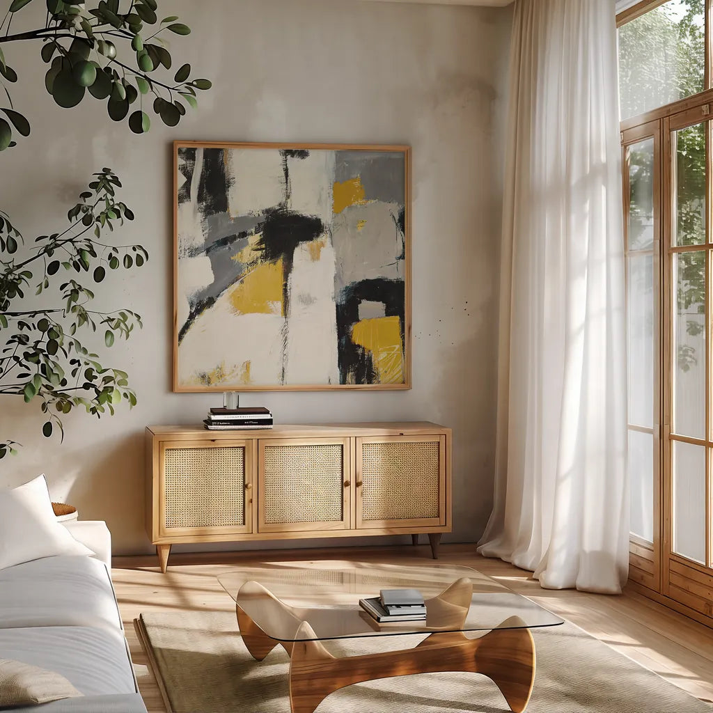 Catalina I Yellow by Mike Schick. Shown in a natural wood frame in a cozy modern living room. Available as an archival giclee rolled canvas, fine art paper, or poster print. SKU 6612a.