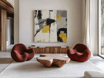 Catalina I Yellow by Mike Schick. Shown as extra-large giant wall art in a modern living room. Available as an archival giclee rolled canvas, fine art paper, or poster print. SKU 6612a.