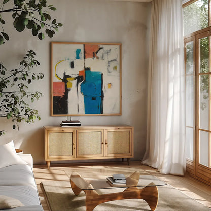 Catalina II by Mike Schick. Shown in a natural wood frame in a cozy modern living room. Available as an archival giclee rolled canvas, fine art paper, or poster print. SKU 18188a.