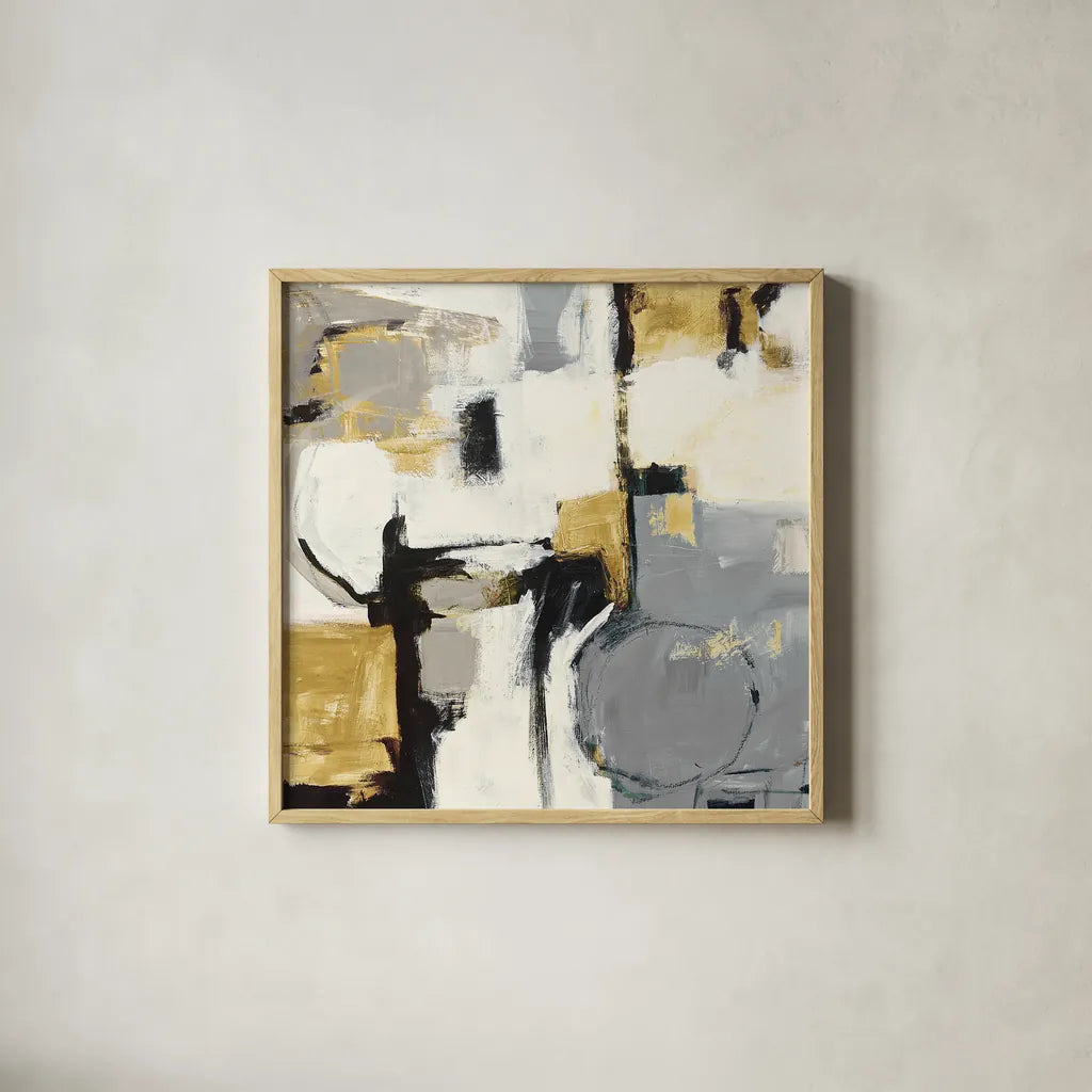 Catalina II Gold by Mike Schick. Shown in a natural wood glass frame for a timeless modern aesthetic. Available as an archival giclee rolled canvas, fine art paper, or poster print. SKU 34242a.