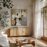 Catalina II Gold by Mike Schick. Shown in a natural wood frame in a cozy modern living room. Available as an archival giclee rolled canvas, fine art paper, or poster print. SKU 34242a.