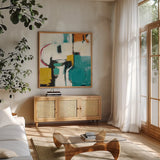 Catalina II Pink by Mike Schick. Shown in a natural wood frame in a cozy modern living room. Available as an archival giclee rolled canvas, fine art paper, or poster print. SKU 8903a.