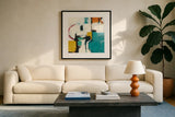 Catalina II Pink by Mike Schick. Displayed in a glass frame with matte in a clean modern living room. Available as an archival giclee rolled canvas, fine art paper, or poster print. SKU 8903a.