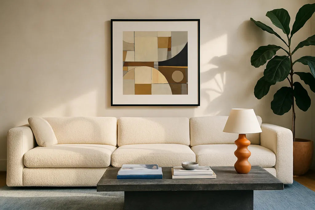 Champagne I by Mike Schick. Displayed in a glass frame with matte in a clean modern living room. Available as an archival giclee rolled canvas, fine art paper, or poster print. SKU 6477a.
