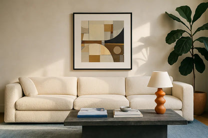 Champagne I by Mike Schick. Displayed in a glass frame with matte in a clean modern living room. Available as an archival giclee rolled canvas, fine art paper, or poster print. SKU 6477a.