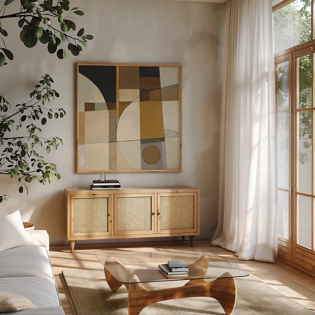 Champagne II by Mike Schick. Shown in a natural wood frame in a cozy modern living room. Available as an archival giclee rolled canvas, fine art paper, or poster print. SKU 6478a.