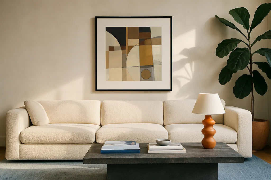 Champagne II by Mike Schick. Displayed in a glass frame with matte in a clean modern living room. Available as an archival giclee rolled canvas, fine art paper, or poster print. SKU 6478a.