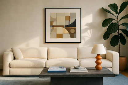 Champagne IV Crop by Mike Schick. Displayed in a glass frame with matte in a clean modern living room. Available as an archival giclee rolled canvas, fine art paper, or poster print. SKU 37426a.