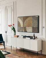 Circular Sculpture by Mike Schick. shown as a framed stretched canvas in a living room above a console. Available as a archival giclee rolled canvas, fine art paper, or poster print. SKU 13220i.