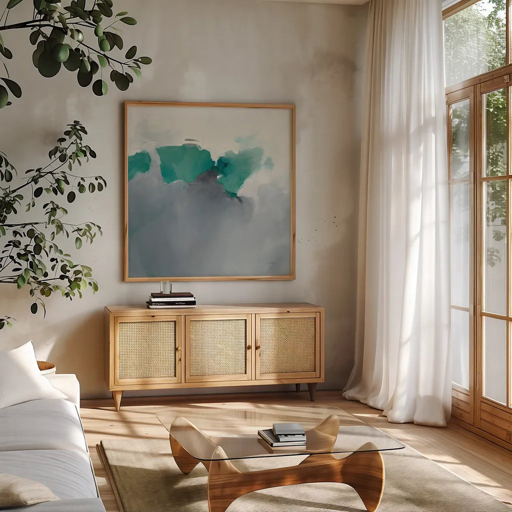 Dark to Light Peacock by Mike Schick. Shown in a natural wood frame in a cozy modern living room. Available as an archival giclee rolled canvas, fine art paper, or poster print. SKU 49779a.