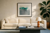 Dark to Light Peacock by Mike Schick. Displayed in a glass frame with matte in a clean modern living room. Available as an archival giclee rolled canvas, fine art paper, or poster print. SKU 49779a.