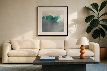 Dark to Light Peacock by Mike Schick. Displayed in a glass frame with matte in a clean modern living room. Available as an archival giclee rolled canvas, fine art paper, or poster print. SKU 49779a.