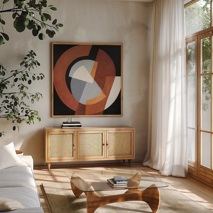 Deconstructed I by Mike Schick. Shown in a natural wood frame in a cozy modern living room. Available as an archival giclee rolled canvas, fine art paper, or poster print. SKU 88371a.