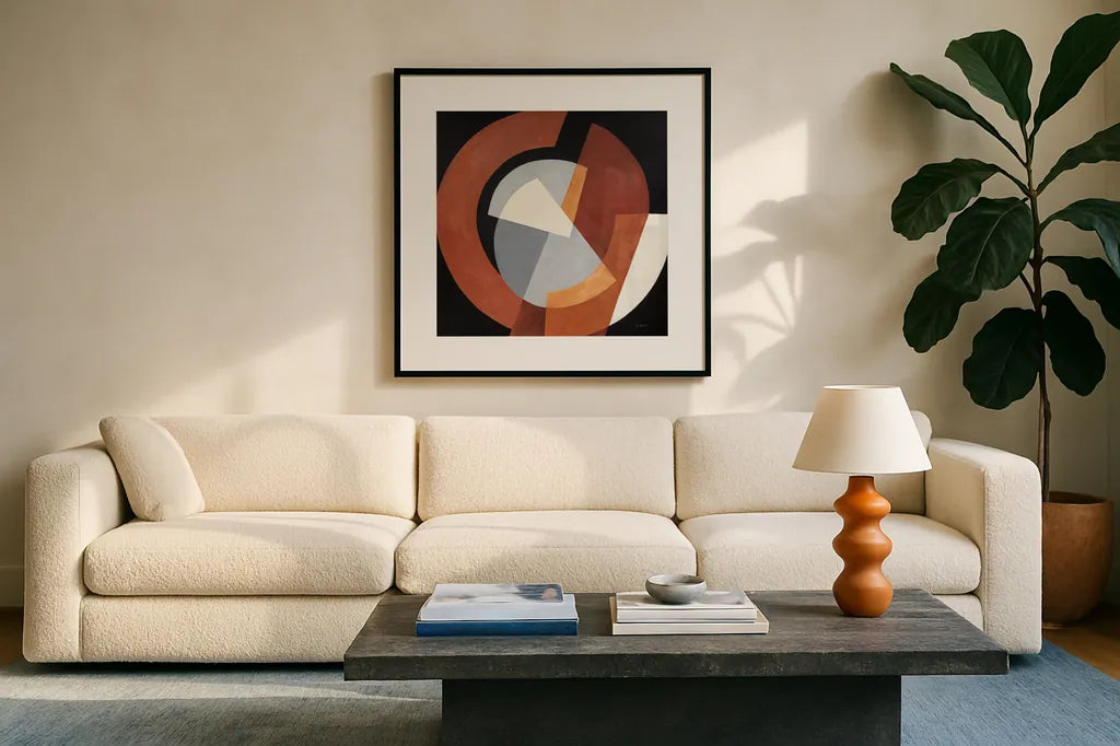 Deconstructed I by Mike Schick. Displayed in a glass frame with matte in a clean modern living room. Available as an archival giclee rolled canvas, fine art paper, or poster print. SKU 88371a.