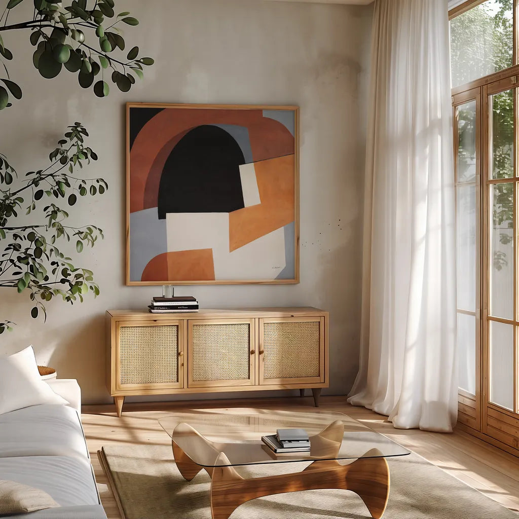 Deconstructed II by Mike Schick. Shown in a natural wood frame in a cozy modern living room. Available as an archival giclee rolled canvas, fine art paper, or poster print. SKU 88372a.