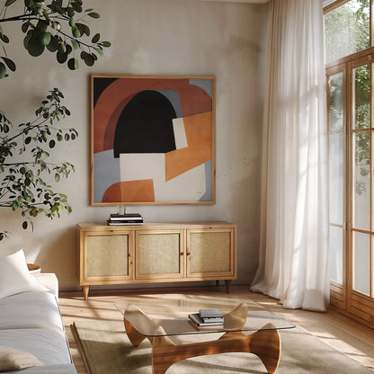 Deconstructed II by Mike Schick. Shown in a natural wood frame in a cozy modern living room. Available as an archival giclee rolled canvas, fine art paper, or poster print. SKU 88372a.