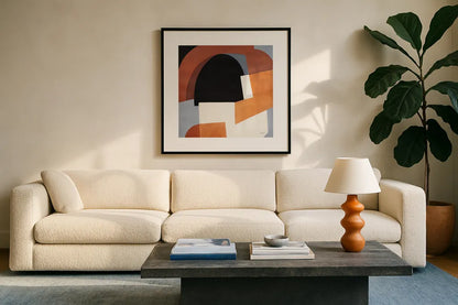 Deconstructed II by Mike Schick. Displayed in a glass frame with matte in a clean modern living room. Available as an archival giclee rolled canvas, fine art paper, or poster print. SKU 88372a.