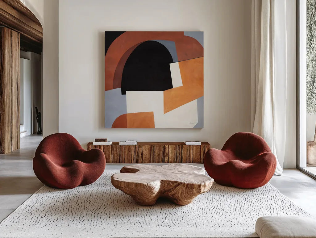 Deconstructed II by Mike Schick. Shown as extra-large giant wall art in a modern living room. Available as an archival giclee rolled canvas, fine art paper, or poster print. SKU 88372a.
