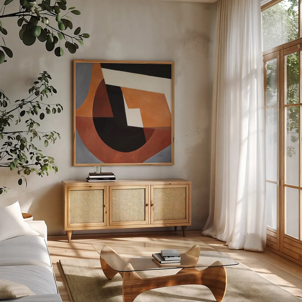 Deconstructed III by Mike Schick. Shown in a natural wood frame in a cozy modern living room. Available as an archival giclee rolled canvas, fine art paper, or poster print. SKU 88373a.