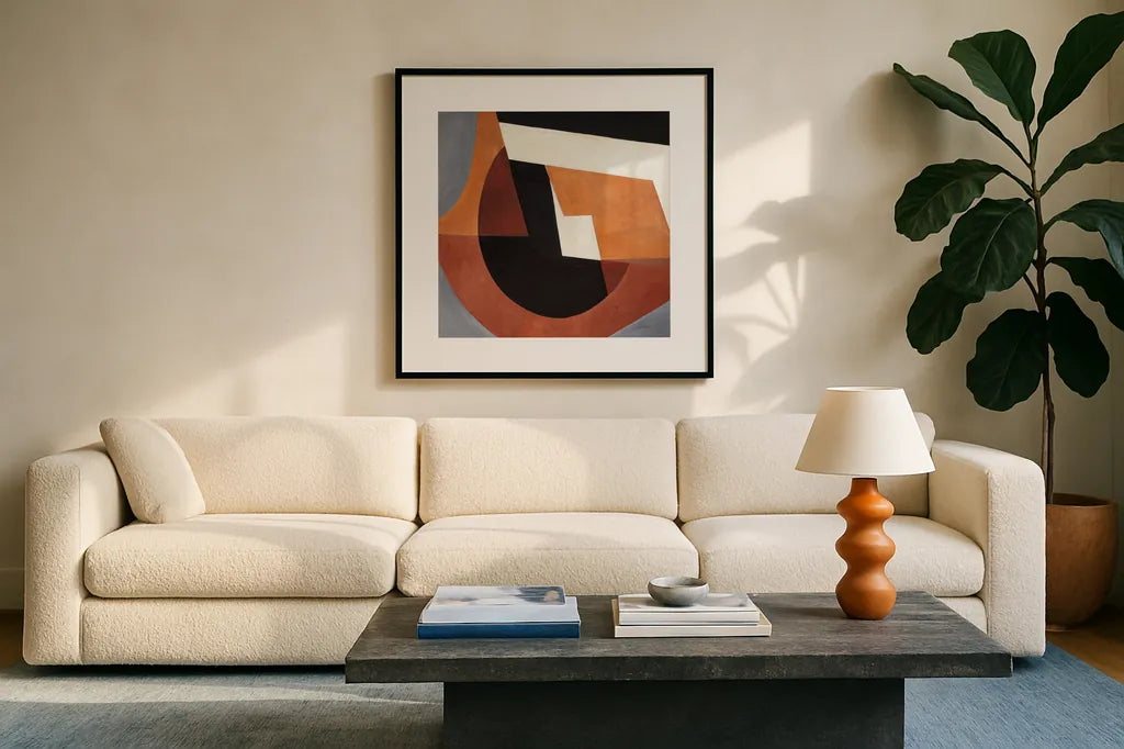 Deconstructed III by Mike Schick. Displayed in a glass frame with matte in a clean modern living room. Available as an archival giclee rolled canvas, fine art paper, or poster print. SKU 88373a.