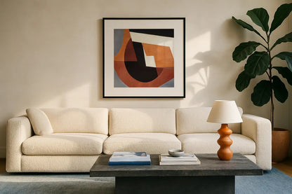 Deconstructed III by Mike Schick. Displayed in a glass frame with matte in a clean modern living room. Available as an archival giclee rolled canvas, fine art paper, or poster print. SKU 88373a.