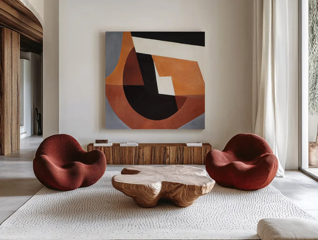 Deconstructed III by Mike Schick. Shown as extra-large giant wall art in a modern living room. Available as an archival giclee rolled canvas, fine art paper, or poster print. SKU 88373a.