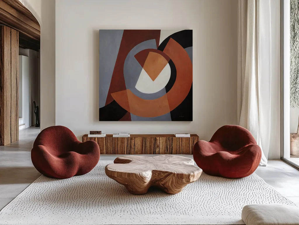 Deconstructed IV by Mike Schick. Shown as extra-large giant wall art in a modern living room. Available as an archival giclee rolled canvas, fine art paper, or poster print. SKU 88374a.