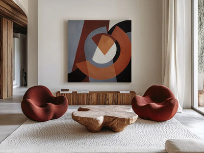 Deconstructed IV by Mike Schick. Shown as extra-large giant wall art in a modern living room. Available as an archival giclee rolled canvas, fine art paper, or poster print. SKU 88374a.