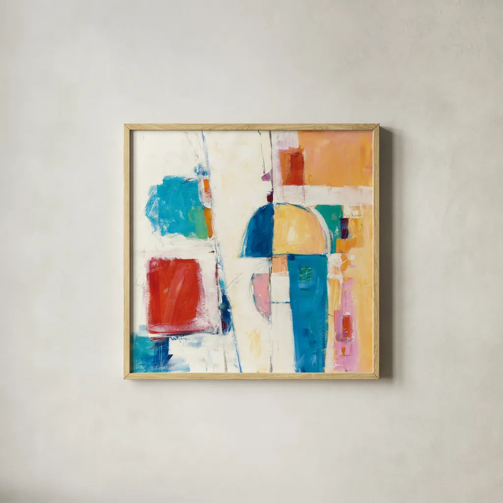 Down to the Street by Mike Schick. Shown in a natural wood glass frame for a timeless modern aesthetic. Available as an archival giclee rolled canvas, fine art paper, or poster print. SKU 49030a.