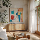 Down to the Street by Mike Schick. Shown in a natural wood frame in a cozy modern living room. Available as an archival giclee rolled canvas, fine art paper, or poster print. SKU 49030a.