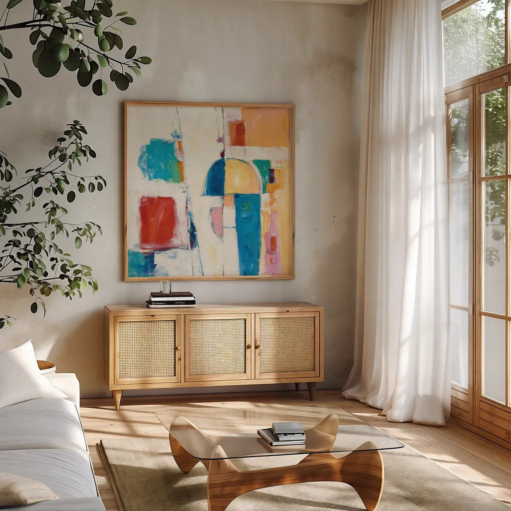 Down to the Street by Mike Schick. Shown in a natural wood frame in a cozy modern living room. Available as an archival giclee rolled canvas, fine art paper, or poster print. SKU 49030a.